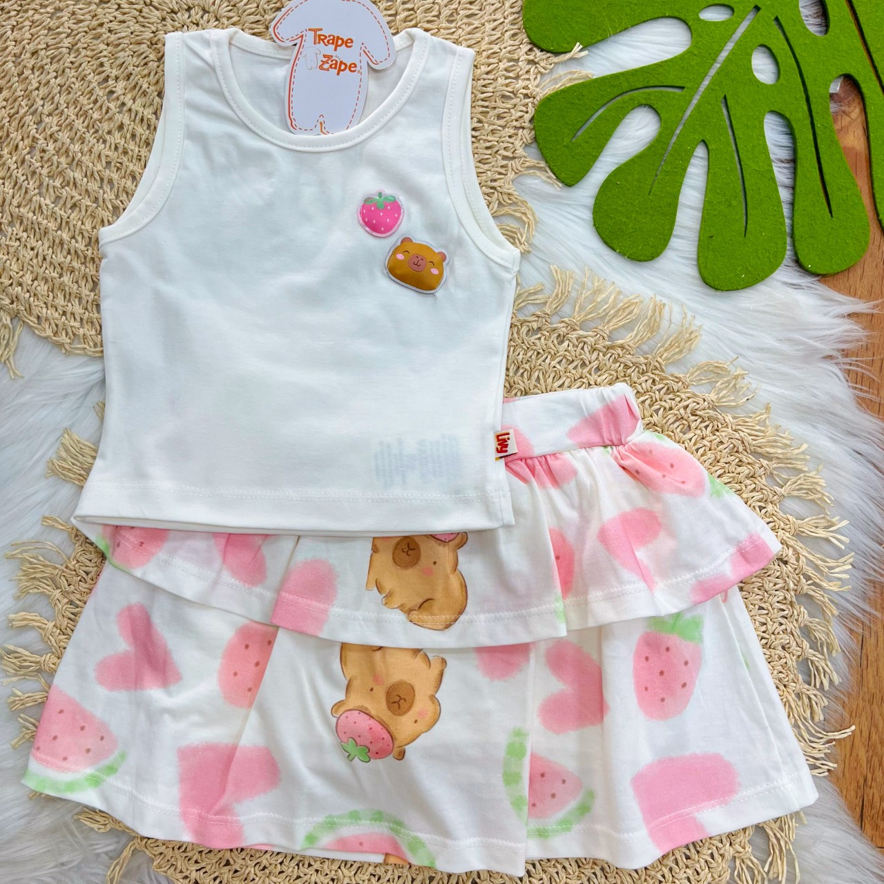 Conj. Regata e Short Saia Capivara - Off White e Rosa